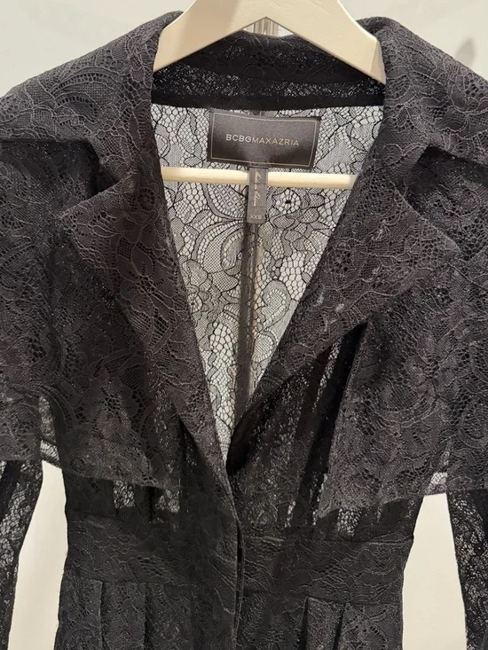 BCBGMaxAzria Lace Peplum Long Trench XXS - Picture 3 of 12